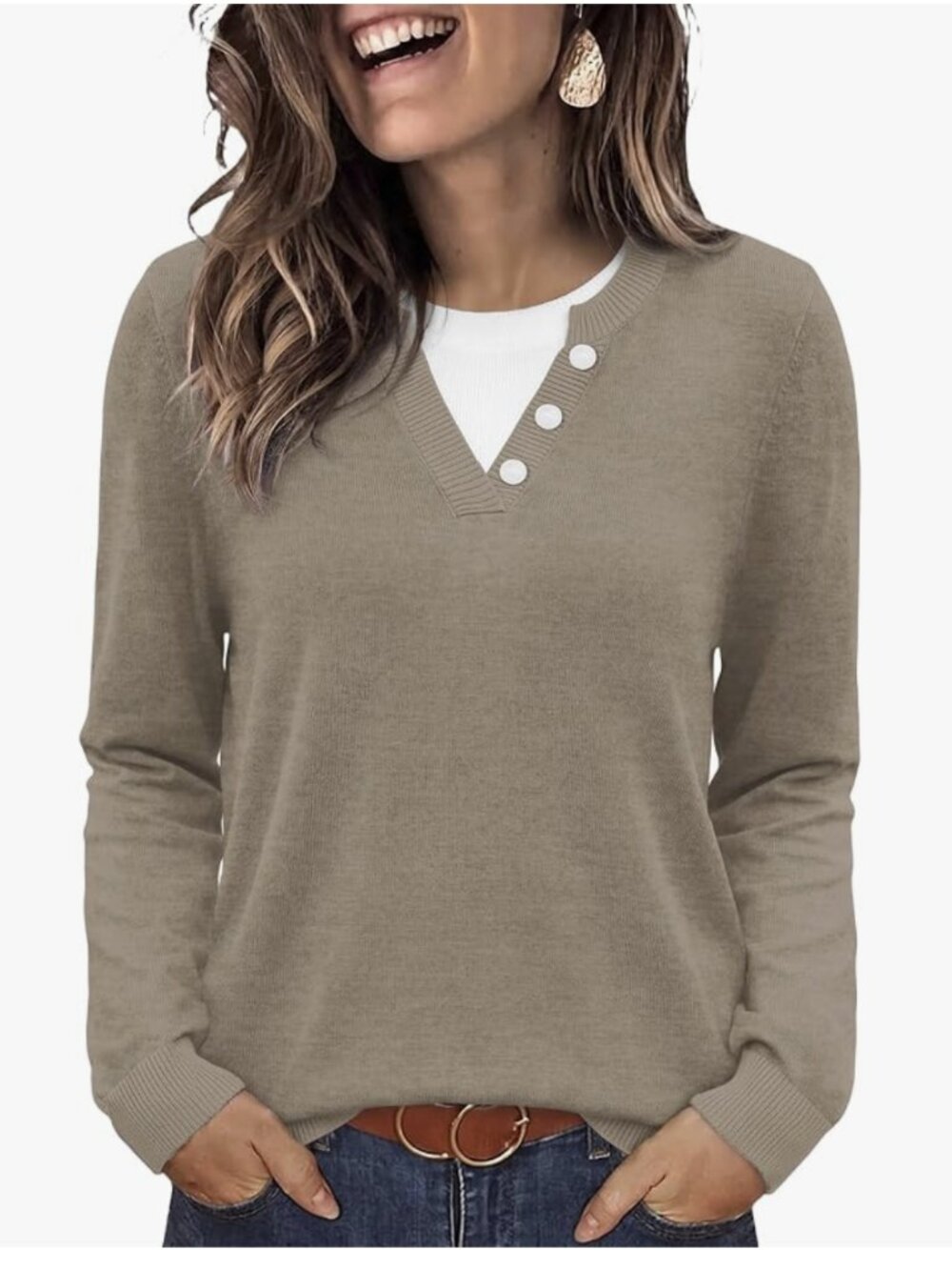 NWT Lightweight Sweater Long Sleeve w faux underlayer V-neck L grey beige